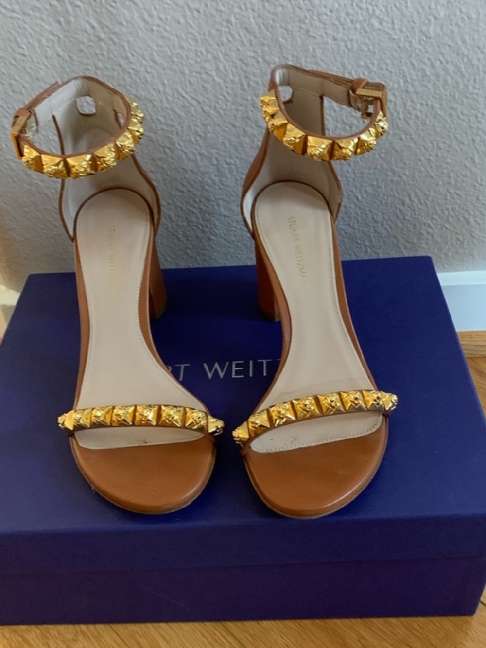 Stuart Weitzman Brown Leather Block-Heel Sandals with Gold Studs